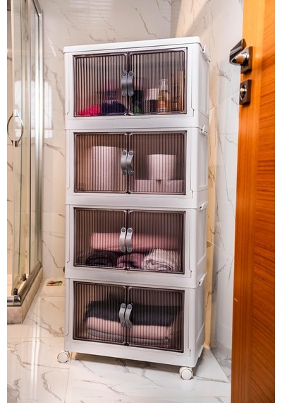 Deconox 4 Kat Portatif Organizer Tekerlekli Çok Amaçlı Katlanabilir Dolap, Kapaklı Düzenleyici Raf Mutfak, Banyo, Diğer