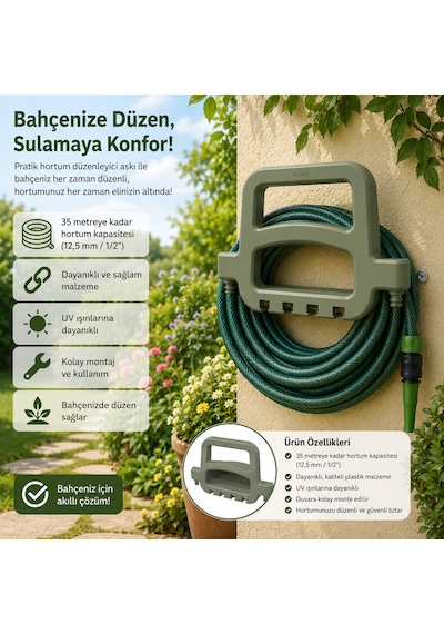 Duvara Monte Bahçe Hortum Askısı 35 Metre Kapasiteli Hortum Düzenleyici 12,5 Mm 1/2"
