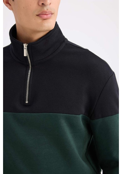 DeFacto Comfort Regular Fit Rahat Kalıp Dik Yaka Fermuarlı Çizgili Kalın Sweatshirt D2401AX24AUBK34