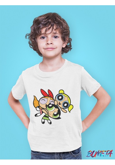 Bumeta Powerpuff Girls Buttercup Bubbles Blossom Çocuk Tişört T-shirt Beyaz