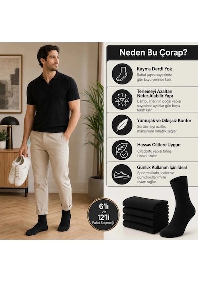 Elitse Erkek Bambu Soket Çorap 6'lı Paket, Dikişsiz Parfümlü Nefes Alan Yumuşak Nem Emici Günlük Uzun Çorap Gri 6'lı