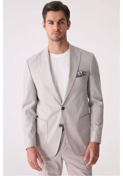 Erkek Bej Slim Fit Çizgili Torba Cep Jogger Pantolonlu Sivri Yaka