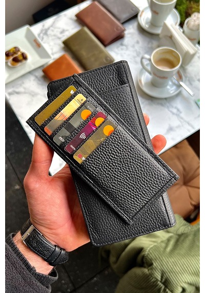 Piarde Siyah Unisex Hakiki Deri Kartlık Hediyeli Telefon Gözlü Cüzdan Siyah