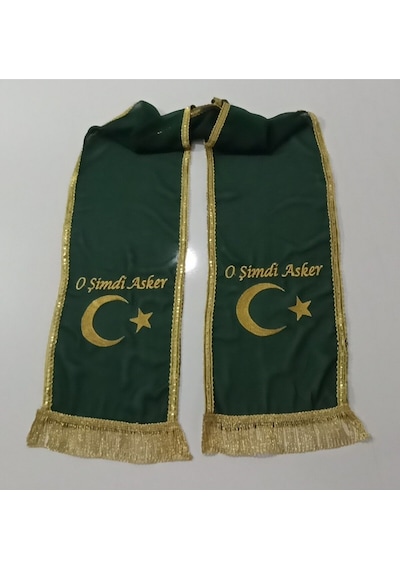 Yeşil Şifon Nakış İşlemeli Kına - Damat - Asker Omuz Şalı Atkısı Örtüsü Gold Ayyıldız Nakış İşleme