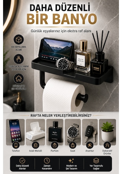 Siyah Yapışkanlı Raflı Tuvalet Kağıdı Askılığı Delmeden Montaj Banyo Organizer Telefon Rafı Askısı
