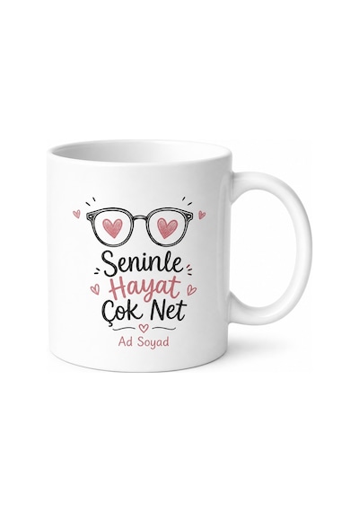 Seninle Hayat Çok Net Miyop Aşıklara Özel Gözlük Kalp Baskılı Kupa Bardak Hediye Beyaz / Çok Renkli