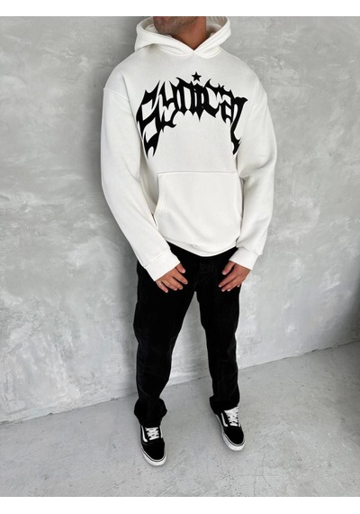 Veraura Lifestyle Unisex Üç İplik Kapşonlu Baskılı Sweatshirt - Beyaz
