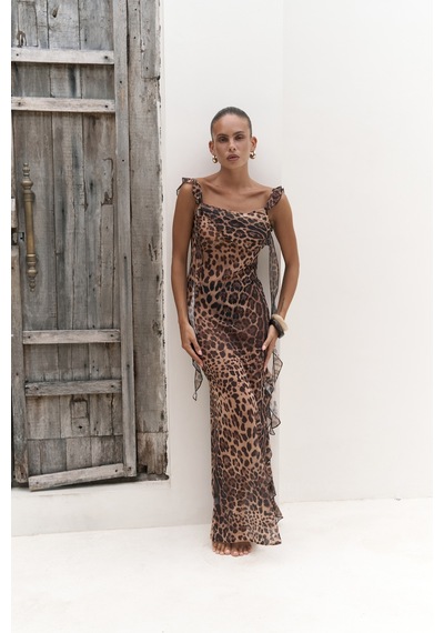 Mai Collection Mai Studios Co. Magi Fırfır Detay Leopar Uzun Elbise Leopar Desenlı