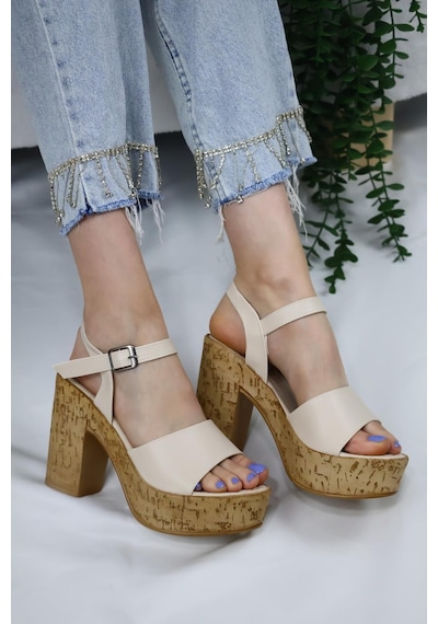 Asmi Shoes Kadın Adara Tek Bant Platformlu Ayakkabı 10 Cm Bej Bej