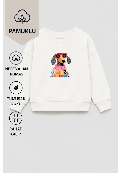 Monila Unisex Çocuk 3 İplik Kumaş Köpek Baskılı Pamuklu Sweatshirt Ekru