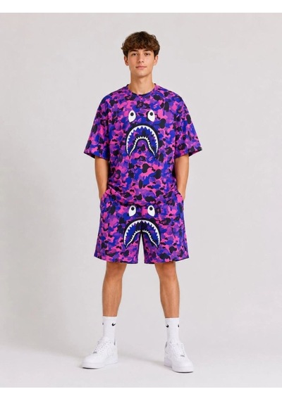 Erkek Çocuk Oversize Kalıp Pubg Bape X Shark Nakışlı Cepli Şort Takım - Mor