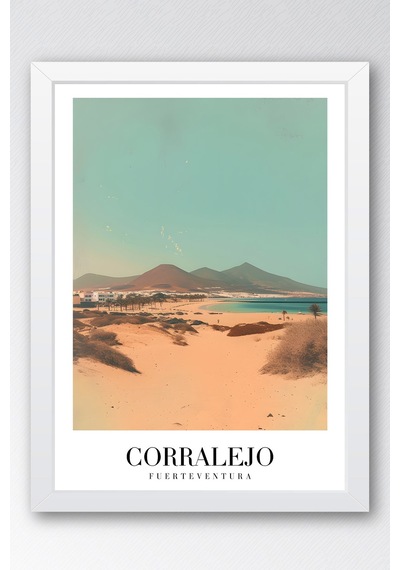 Corralejo Fuerteventura Spain Vintage Seyahat Posteri Çerçeveli Tablo - Premium Elit Duvar Dekoru Beyaz