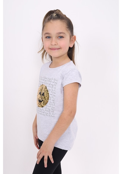 Toontoy Kids Toontoy Kız Çocuk Gülen Yüz Pullu Nakış Tişört Gri Melanj