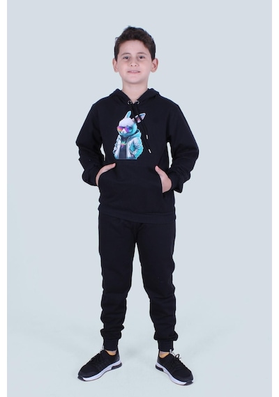 Fyk Kids Kapüşonlu Kanguru Cepli Erkek Çocuk Eşofman Takımı Siyah