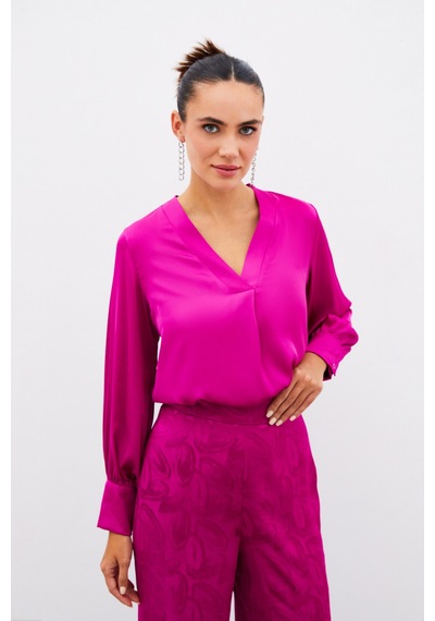 Sateen V Yaka Saten Bluz - Fusya-134905 Fusya Fuşya