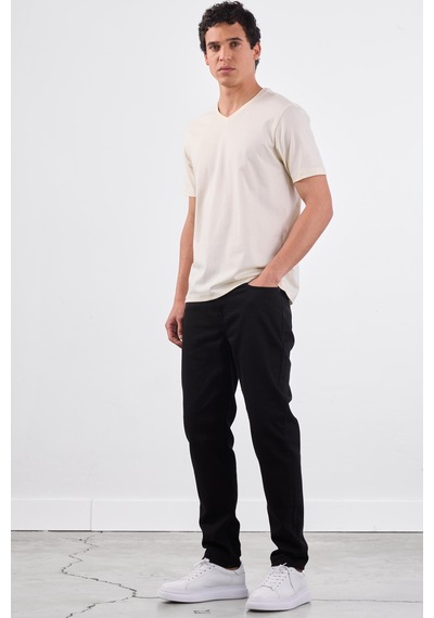 Dufy Ekru V Yaka Pamuklu Düz Renk Slim Fit Erkek T-shirt Ekru