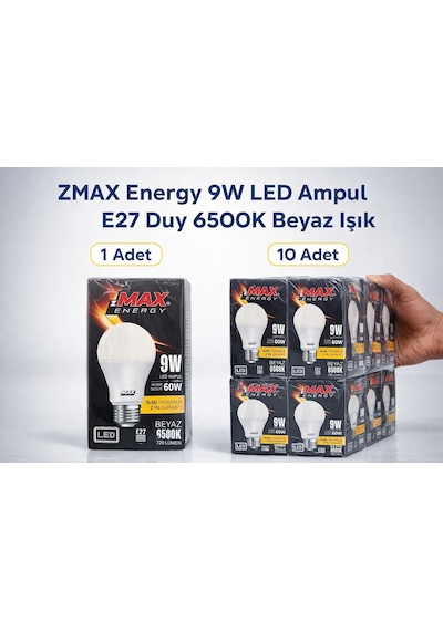 Zmax Energy 9w Led Ampul E27 Duy 6500k Beyaz Işık 720 Lümen 60w Eşdeğer Enerji Tasarruflu
