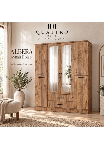 Albera 4 Kapaklı Aynalı 2 Çekmeceli Gardırop Ahşap