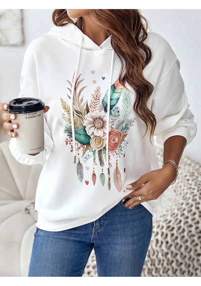 Startmore Coke Serisi Floral & Feather Print Drop Shoulder Drawstring Hoodie Beyaz