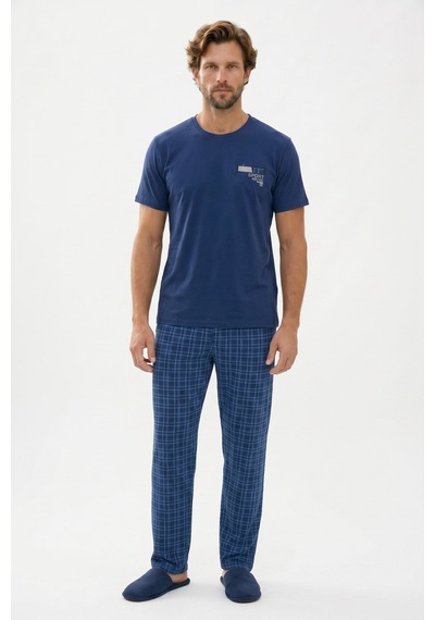 Tudors Erkek Standart Fit Normal Kesim Pamuklu Bisiklet Yaka Kısa Kollu Lastikli Lacivert Pijama Takımı-51139