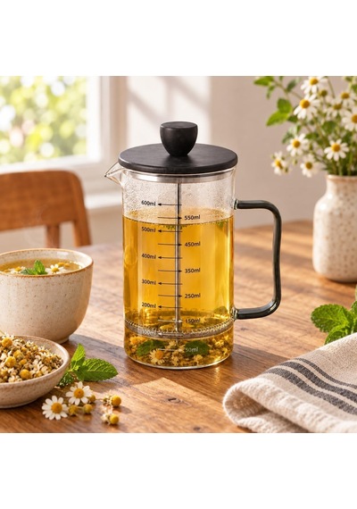 Siyah Bambu Kapaklı French Press, 600 Ml Ölçülü Borosilikat Cam Kahve Ve Bitki Çayı Demliği, Siyah Cam Kulplu Diğer