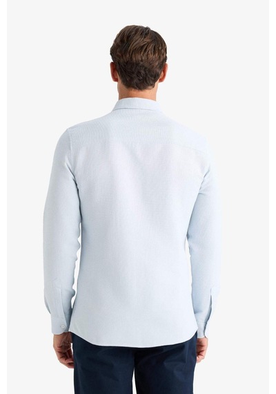 DeFacto Slim Fit Dar Kesim Düğmeli Dokulu Düz Pamuk Karışımlı Uzun Kollu Gömlek T2066AZ24AUBE723