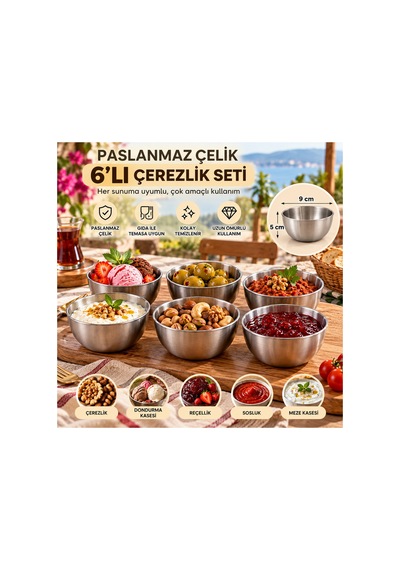 6 Lı Paslanmaz Çelik Kase Seti Çerezlik Sosluk Reçellik Zeytinlik Mezelik Gri Paslanmaz Çelik 180 Ml Gümüş