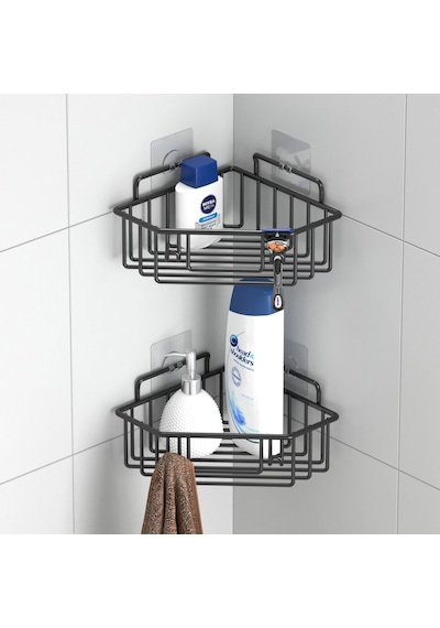 Teknotel Yapışkanlı Kancalı 2 Adet Banyo Köşe Rafı Mat Siyah St29 Mat Siyah
