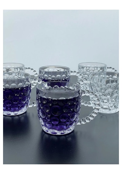 6 Lı Cam Kulplu Desenli Kupa Meşrubat Kokteyl Bardak 300ml