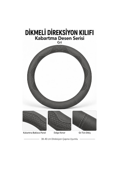 Trobus Mg Zs 2018-2025 Uyumlu Dikmeli Direksiyon Kılıfı Kabartma Desen Gri