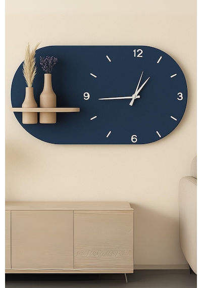 Modern Tasarım Raflı Nera Duvar Saati 75x45 Lacivert