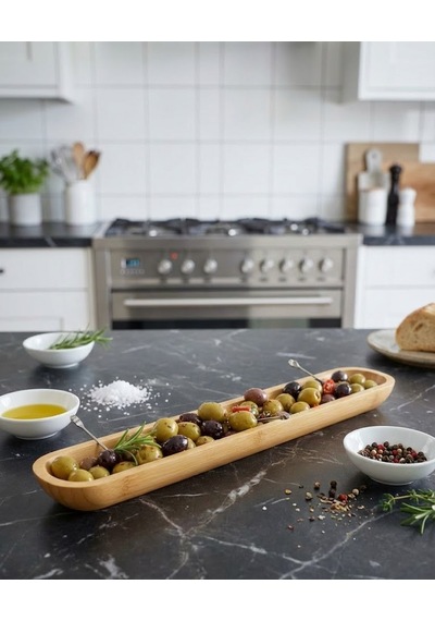 Bambu Uzun Zeytinlik & Sunum Tabağı Balsa Doğal Kahvaltılık Servislik Açık Kahverengi