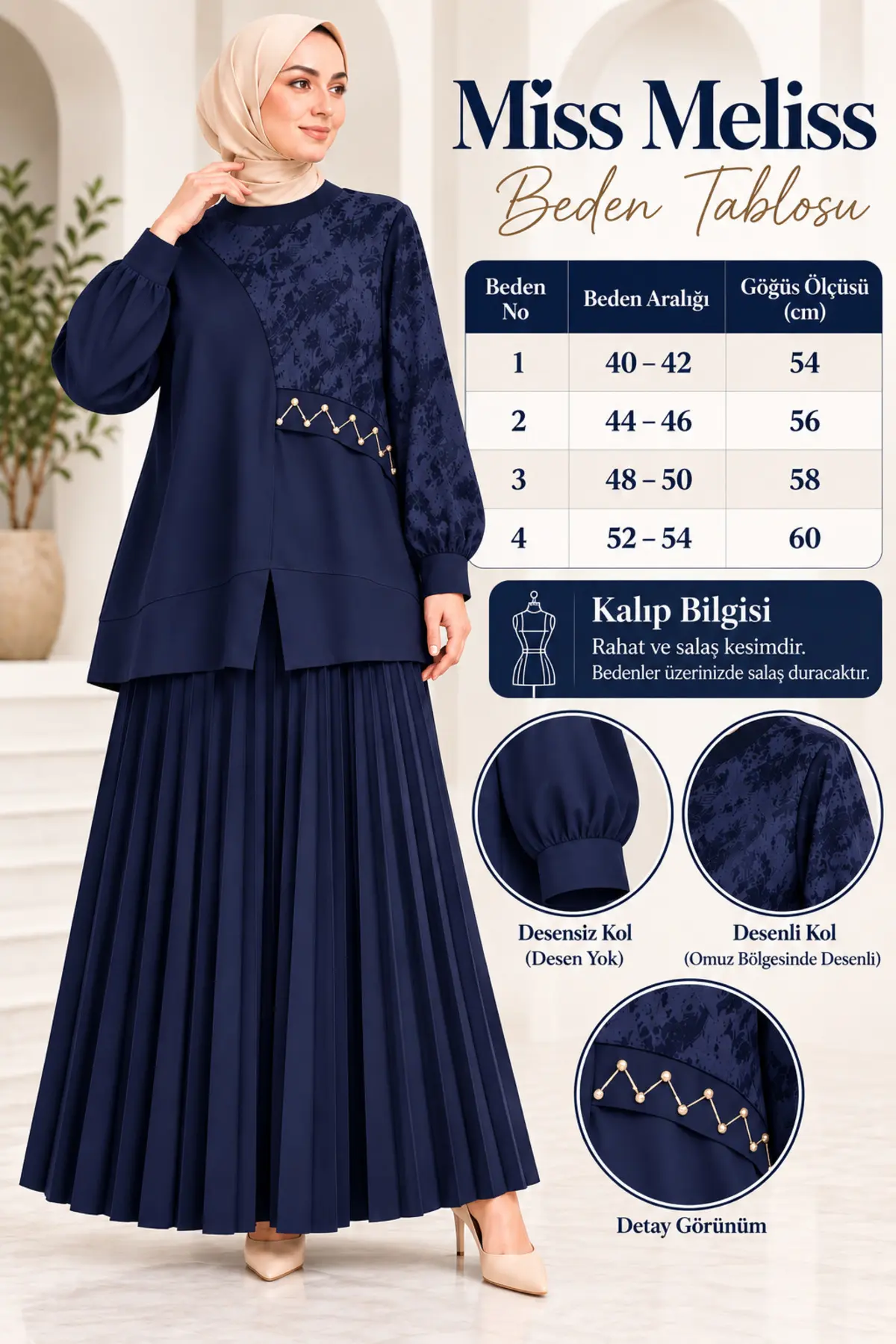 Missmelissfashion Miss Meliss Sandy Jakar Şık İnci Detaylı Etekli Takım Lacivert
