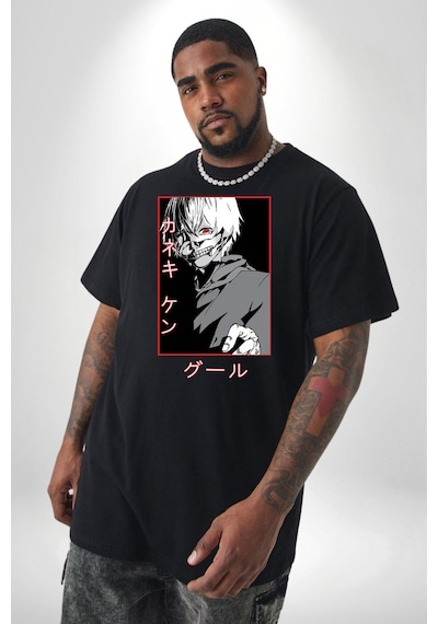 Angemiel Kaneki Ken Kuma Japon Anime Şeytan Siyah Büyük Beden Erkek Kadın Unisex Basic Ön Baskılı Tişört Siyah