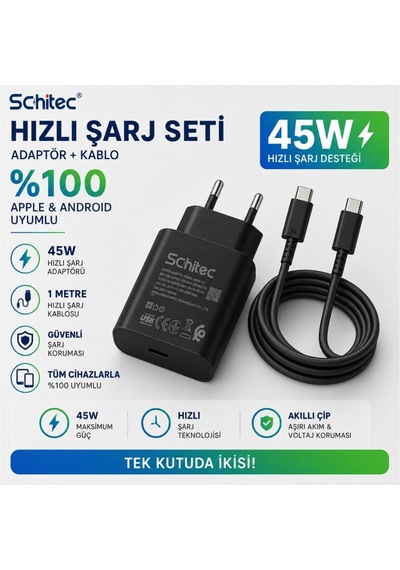 Schitec 45w Hızlı Şarj Adaptörü Ve 1 Metre Type-c Type-c Hızlı Şarj Kablo Set Siyah