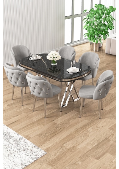Canisa Zae Serisi 90x168 Lak Panel Siyah Mermer Desen Masa Takımı Krom Ayaklı 6 Gri Sandalye Masa Siyah Mermer Desen Sandalye Gri Canisa Zae Serisi 90x168 Lak Panel Siyah Mermer Desen Masa Takımı Krom Ayaklı 6 Gri Sandalye Masa Siyah Mermer Desen Sandalye Gri