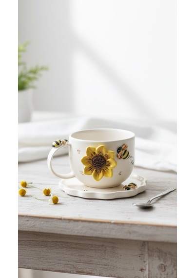 24k Altın El Yapımı Ayçiçeği Ve Vız Vız Arı Temalı Seramik Mug Altın - Sarı