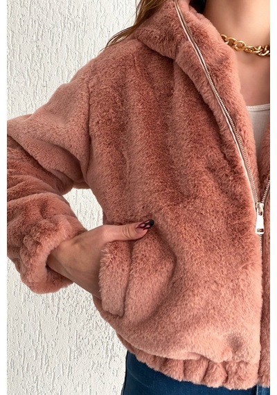 Femelle Kadın Pudra Fermuarlı Kapüşonlu Pelüş Kürk Mont