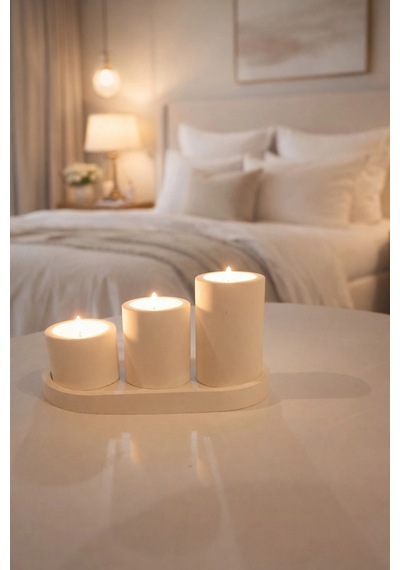 Minimal 3lü Dekoratif Mum Seti Tepsi Ve 3 Adet Tealight Mum Dahildir Beyaz - 822473963 Beyaz