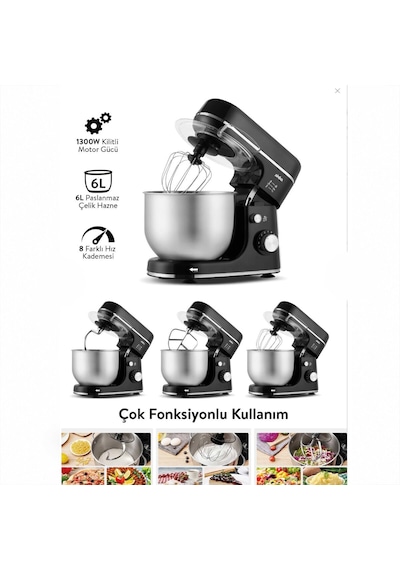 Siyah Standlı Mikser Çırpıcı - Hamur Yoğurucu - Karıştırıcı 8 Kademe Hız Ayar 6l Çelik Hazne 1300w S