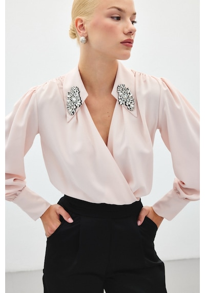 Sateen Aksesuar Detaylı Bodysuit Bluz - Pudra-136195 Pudra