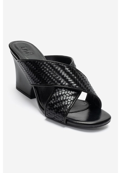 Luvi Shoes Lavean Siyah Örgü Çapraz Bantlı Kadın Dolgu Topuklu Terlik