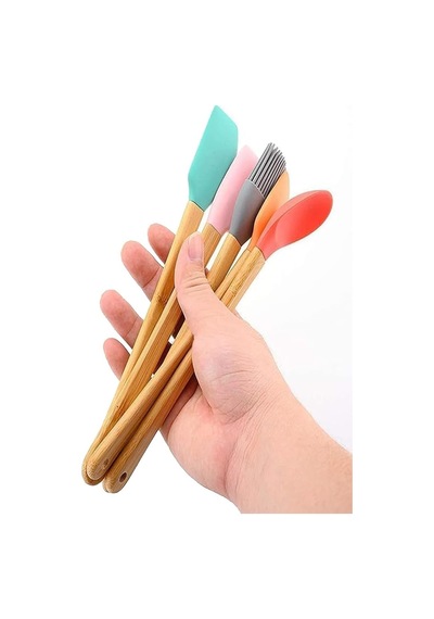 Silikon Spatula Ve Fırça Seti, 5 Parça, Karışık Renkli, Bambu Saplı Çok Renkli