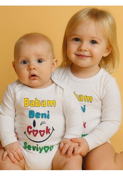 Zekids Bebek Babam Beni Çok Seviyor Yazılı Pamuklu Uzun Kol Çıtçıtlı Body-16093 Ekru