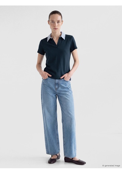 Lcw Comfort Lacivert Polo Yaka Çizgili Kadın Tişört
