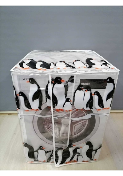 Penguen Desenli Pvc Çamaşır Ve Kurutma Makinesi Örtüsü Su Geçirmez, Dayanıklı Ve Toza Karşı Koruyucu Şeffaf