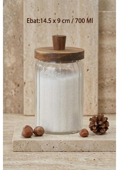 Atbyhome Ahşap Kapaklı Borosilikat Cam Saklama Kabı 700 Ml - Oluklu Cam Kavanoz
