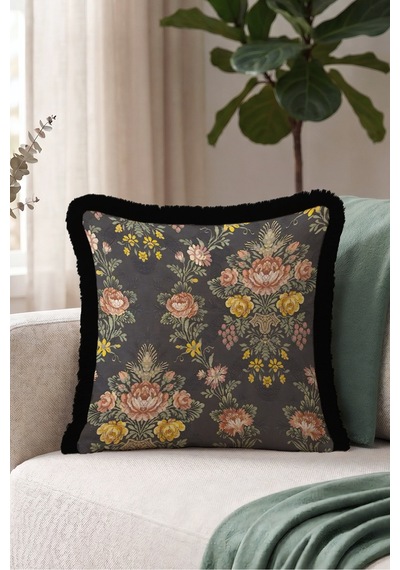 Vintage Çiçek Şato Zarafeti Saçaklı Yastık Kılıfı-goblen Floral Retro Hardal Püsküllü Kırlent Kılıfı Gri