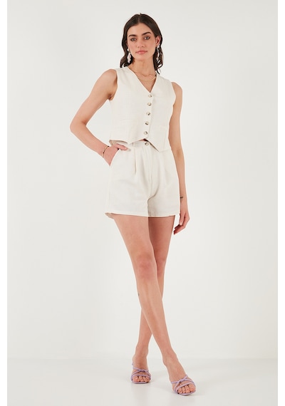 Lela Pamuk Ve Keten Karışımlı Slim Fit Yelek Şort Bayan Takım 5866118 Bej