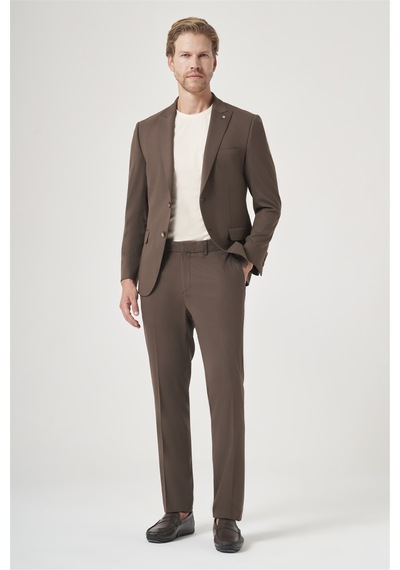 İmza Kahverengi Kırlangıç Yaka 6 Drop Slim Fit Tam Astar Esnek Takım Elbise 1001260148 Koyu Kahverengi
